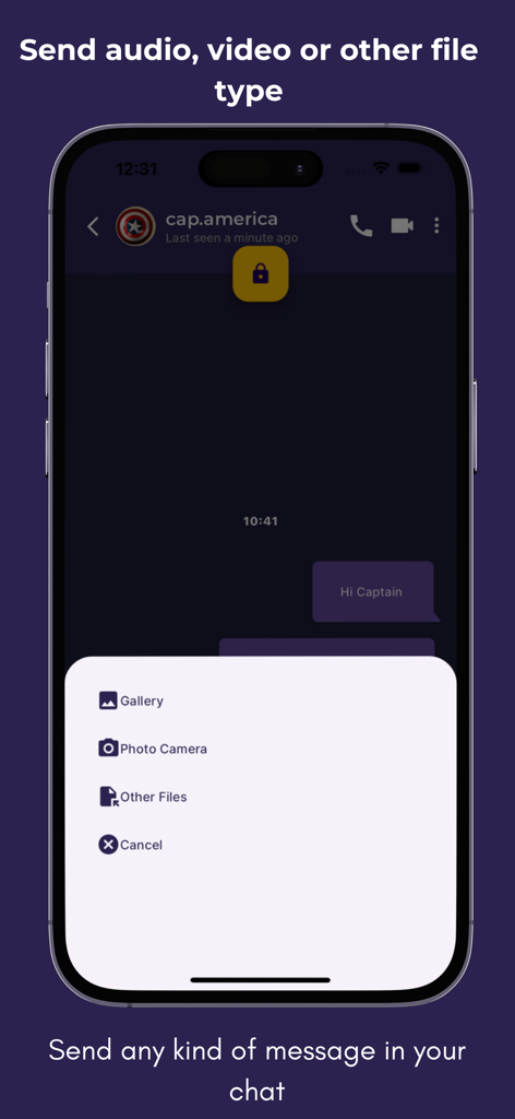 Secret Chat - DailyNewsTalk - Screenshot of a secret messaging app showing file and photo attachment options.