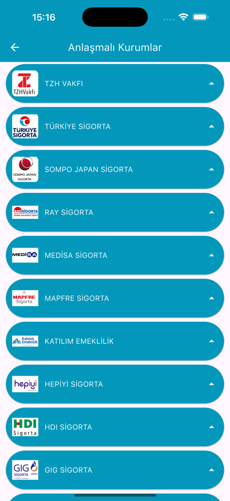 Uma lista de provedores de seguro conveniados dentro da interface do aplicativo médico Datalab.