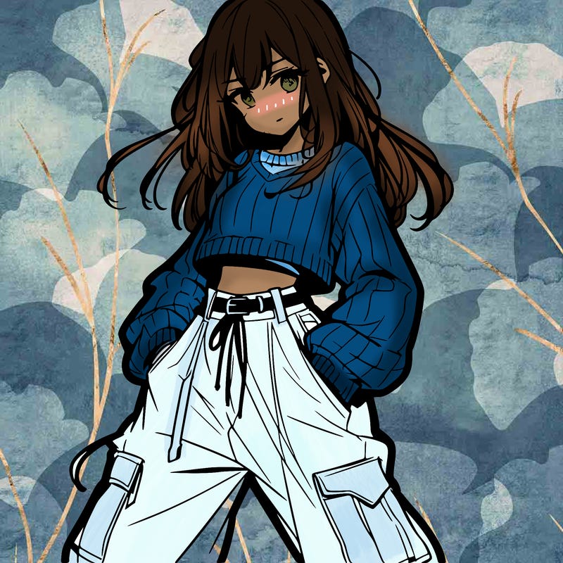 anime teen girl with baggy pants and crop top with sweater