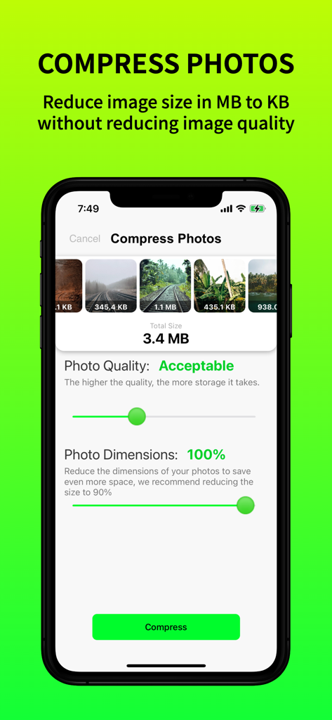 Photo Compress - Eine mobile App-Oberfläche, die Einstellungen zur Fotokomprimierung mit Schiebereglern für Qualität und Abmessungen zur Speicherplatzersparnis anzeigt.