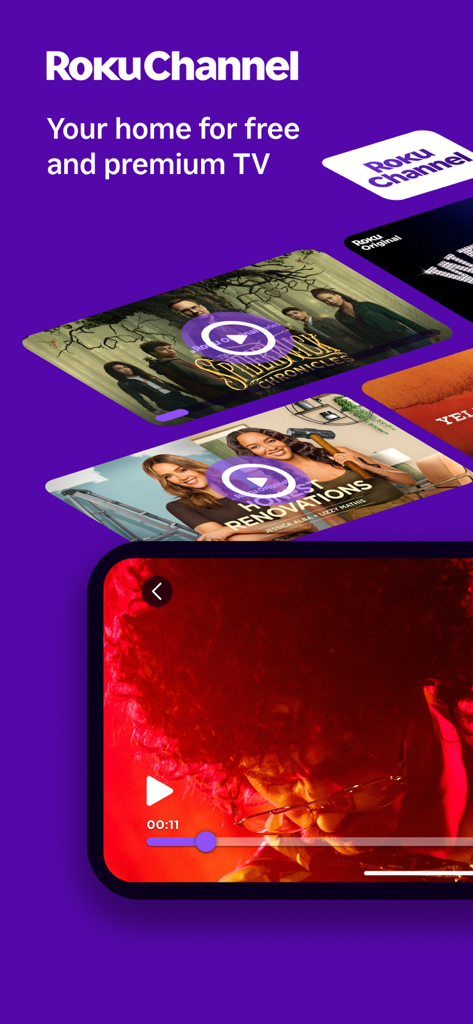Roku Channel app interface highlighting free and premium TV content with show thumbnails and mobile video player