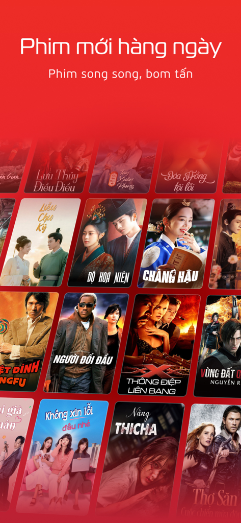 TV360 – Truyền hình trực tuyến - Eine Sammlung von Postern asiatischer und internationaler Filme, die in einem Raster auf der TV360 App angezeigt werden.