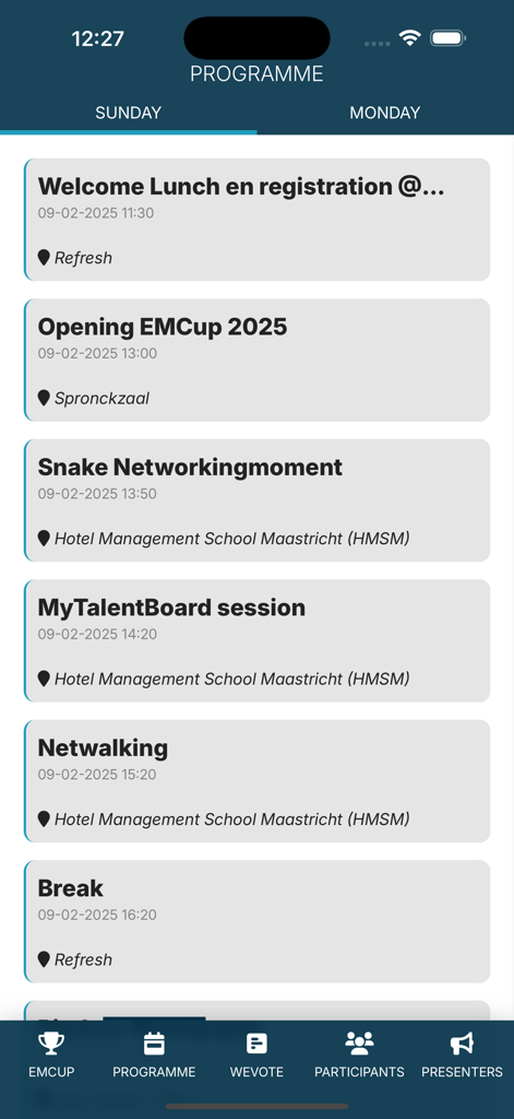 EMCup - Screenshot of the EMCup app displaying a detailed daily schedule of events including networking sessions and lunch for participants