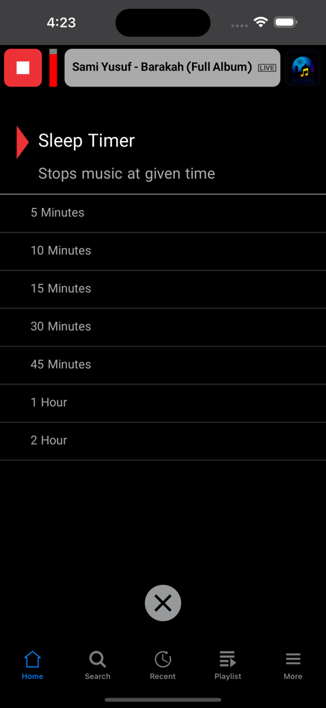Islamic Music Radio Network - Sleep timer settings screen in the Islamic Music Radio app showing time duration options