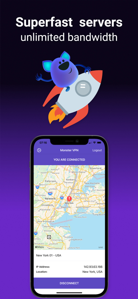 Monster VPN app interface on iPhone showing an active connection to a New York server with unlimited bandwidth