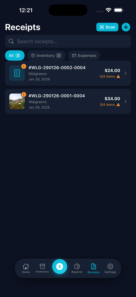 Flip Profit Calculator - Screenshot of the Receipts screen in the Flip Profit Calculator app showing purchase history and scanning features