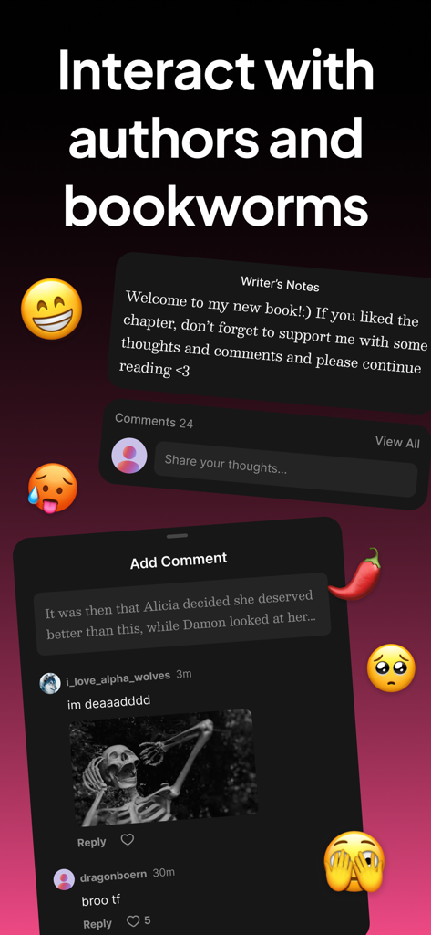 NovelDrama: Read Fantasy Novel - Community interaction screen of the NovelDrama app showing user comments and writer notes.