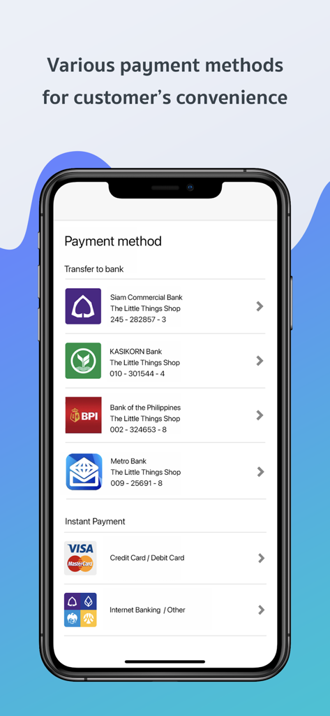 Screenshot of the Page365 app showing various payment methods including bank transfers and credit cards on a mobile device.