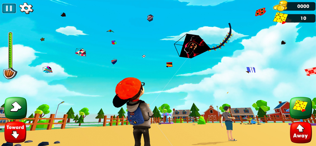 Kite Game 3D - Kite Flying - Un personaje volando una cometa negra en un cielo lleno de coloridas cometas en un juego móvil 3D.