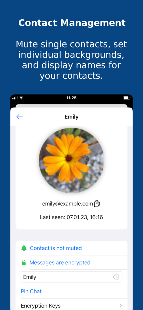 Quicksy - Quicksy app contact management screen showing profile details and encryption settings