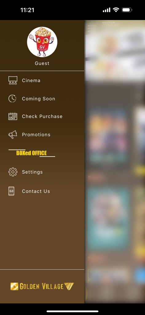 iGV - Side menu of the iGV Golden Village cinema app showing navigation options and guest profile