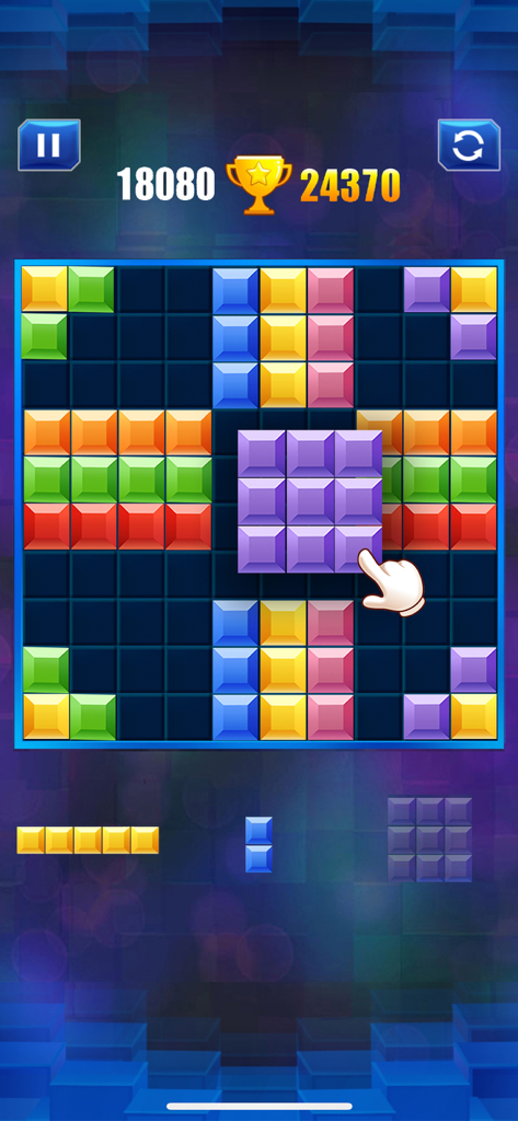 A 10x10 grid with colorful blocks and a hand dragging a purple piece in the Block Puzzle game.