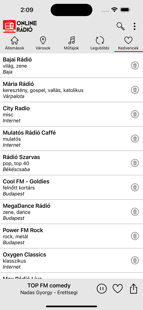 Online Rádió - Tela de favoritos do aplicativo Rádio Online exibindo uma lista de estações de rádio húngaras