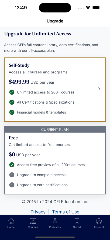 CFI: Real-World Finance - CFI Real-World Finance App Upgrade-Bildschirm, der die Preispläne Self-Study und Free anzeigt