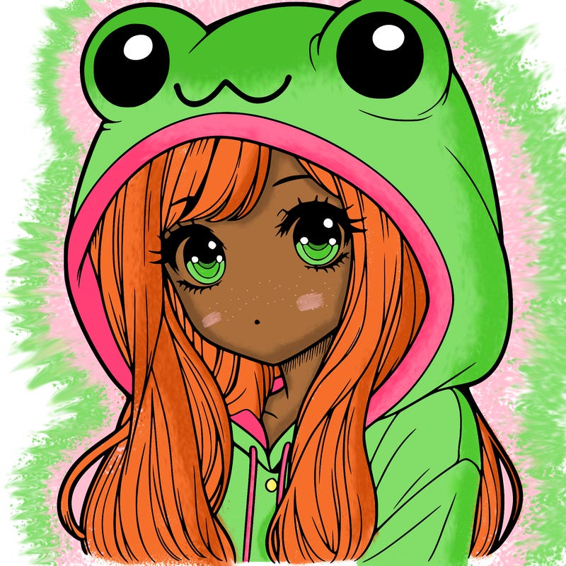 a pretty girl wearing a frog hoodie portrait with long hair