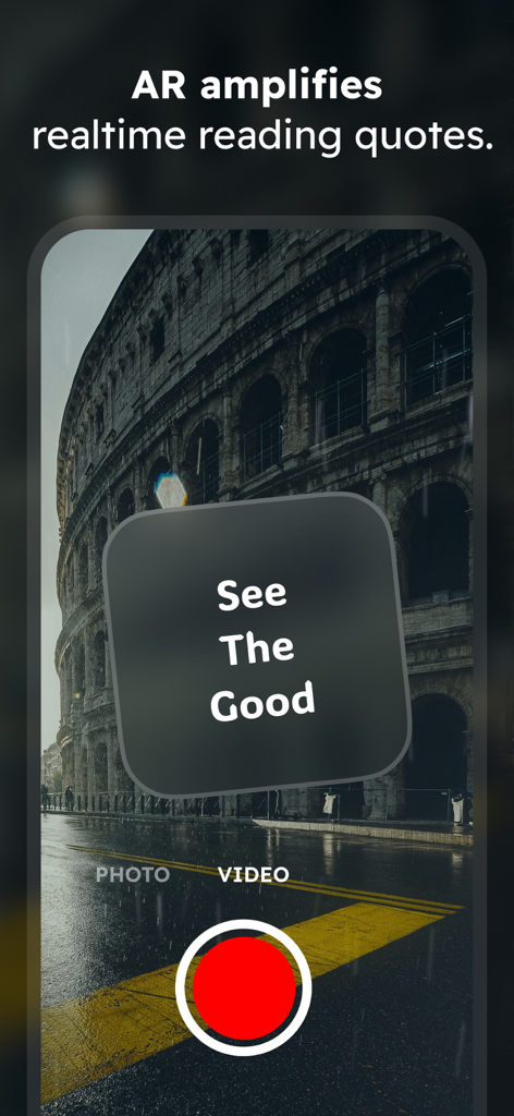 Augmented-Reality-Kameransicht in der Inspire-App, die ein motivierendes Zitat über einem historischen Wahrzeichen anzeigt.
