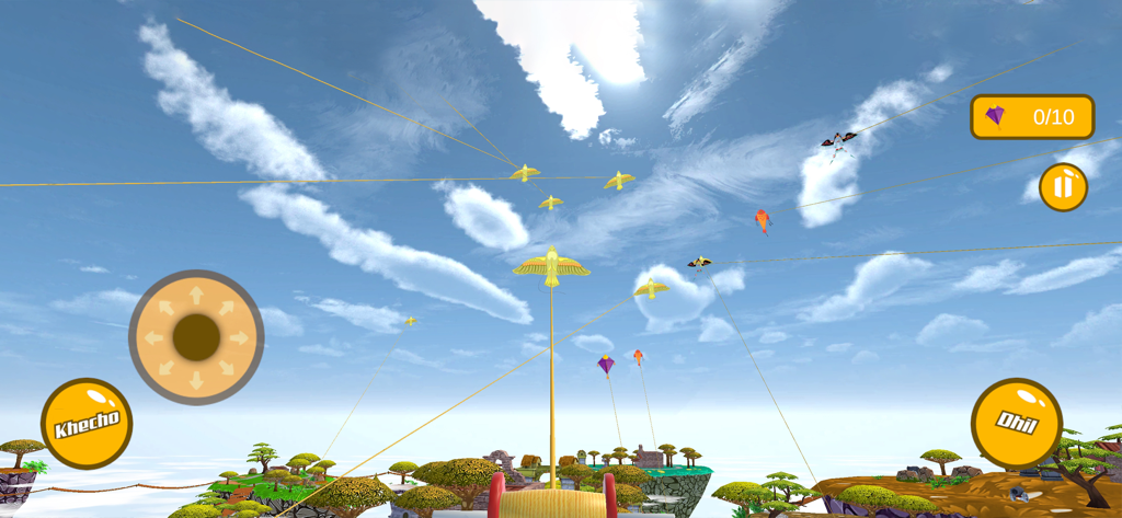 Kite Game 3D Pipa Kite Flying - Captura de pantalla del juego de un simulador de vuelo de cometas 3D con varias cometas en el cielo y controles en pantalla