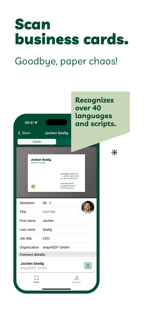 BusinessCards by snapAddy - Mobile app interface of snapADDY showing an AI business card scan and extracted contact information.