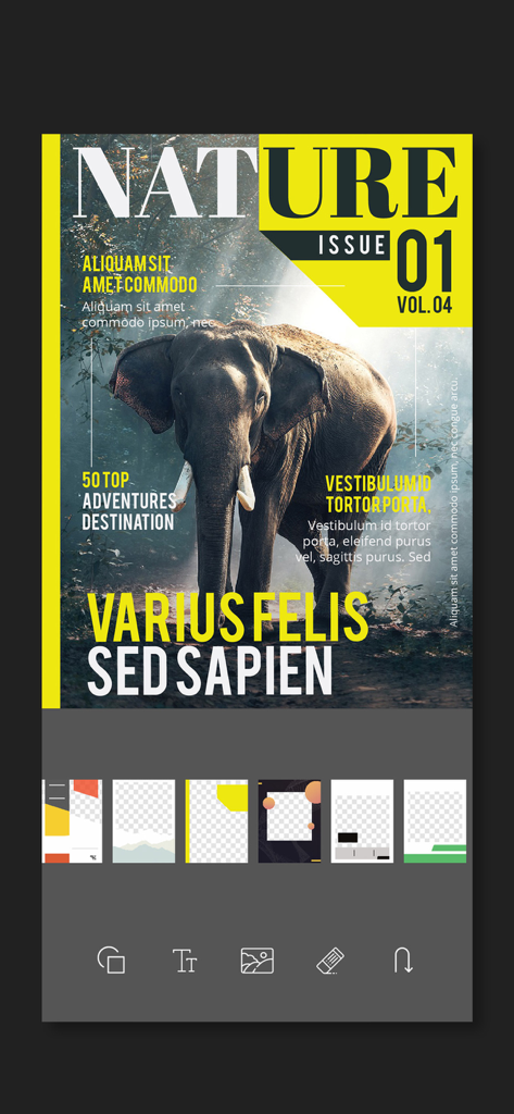 Interface of Advertisement Banner Ad Maker app showing a nature magazine cover design with an elephant and template options