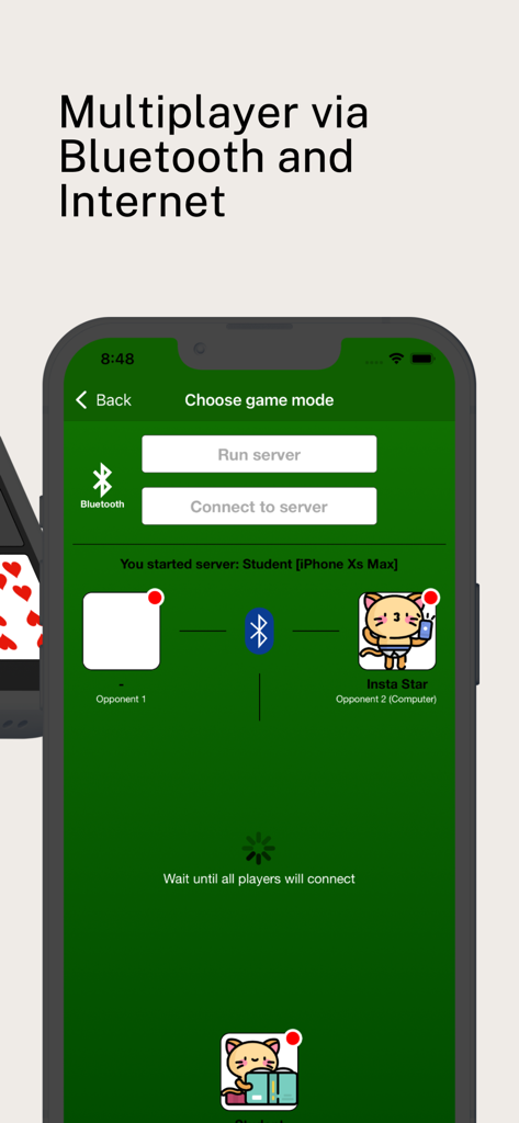 Multiplayer game mode screen in Game1000 showing Bluetooth and internet connectivity options for card matches