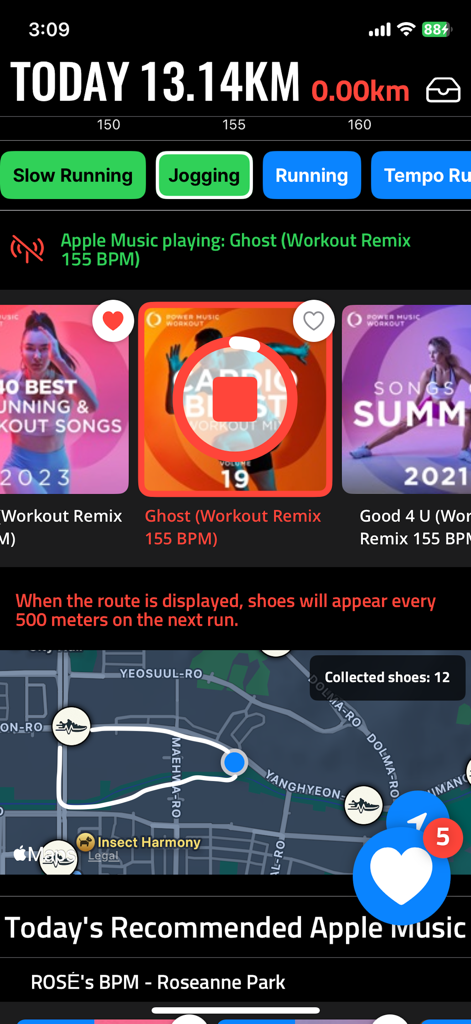BeatRun Pro: Sync Your Steps - BeatRun Pro app interface showing running distance music BPM synchronization and route map with collected digital shoes