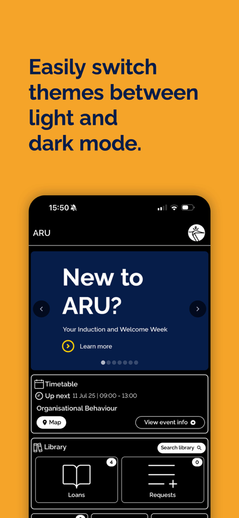ARU-Studenten-App-Dashboard im Dunkelmodus-Design angezeigt