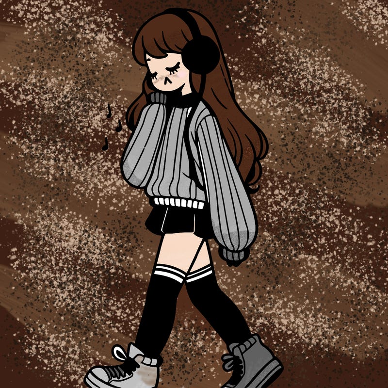 girl with leg warmers and long sweater and sneakers listening to music