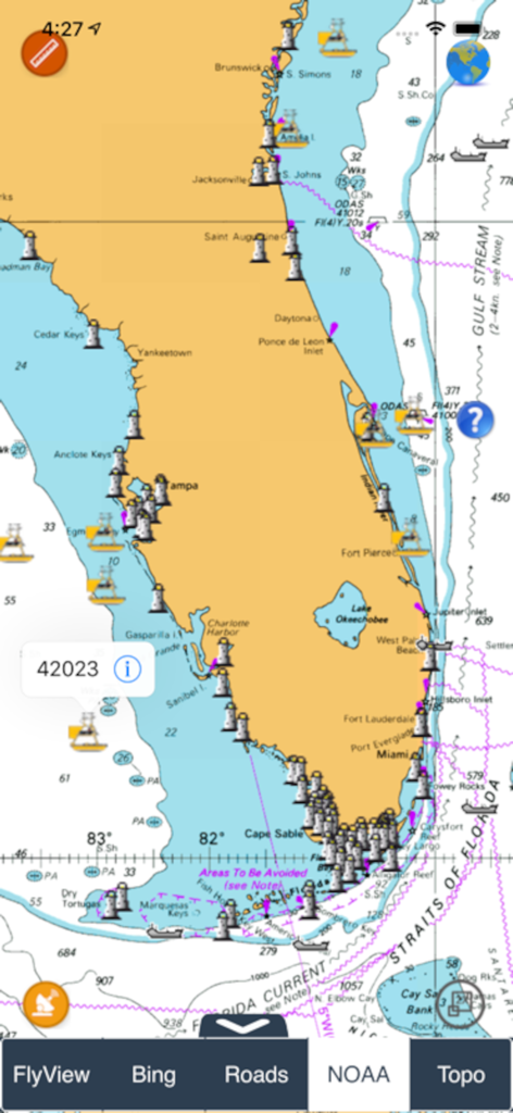A marine chart of Florida showing buoy locations and nautical data in the NOAA Buoys app