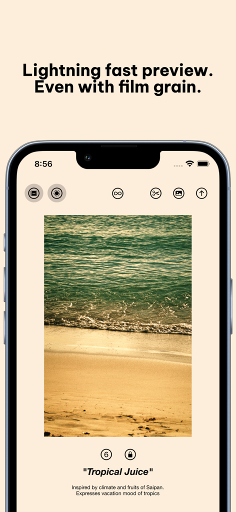 Negative - Film Look Filter. - NegativeアプリのiPhoneスクリーンショット。Tropical Juiceフィルムフィルターが適用されたビーチの写真が表示されています。