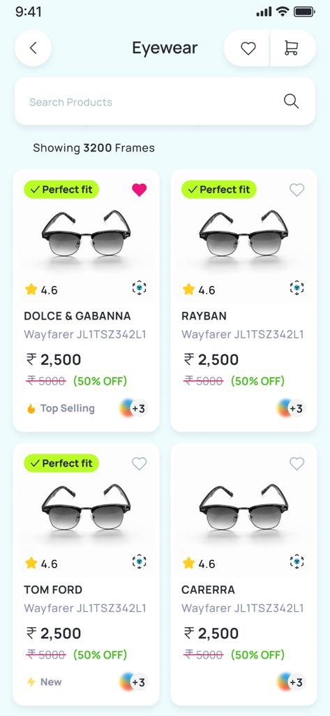 Titan Eye+: Eyeglasses Online - Mobile app screen showing a search results page for eyewear with various designer frames and price comparisons