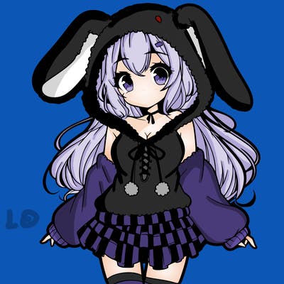 pretty anime girl wearing a fluffy hoodie with bunny ears on the hood and a skirt