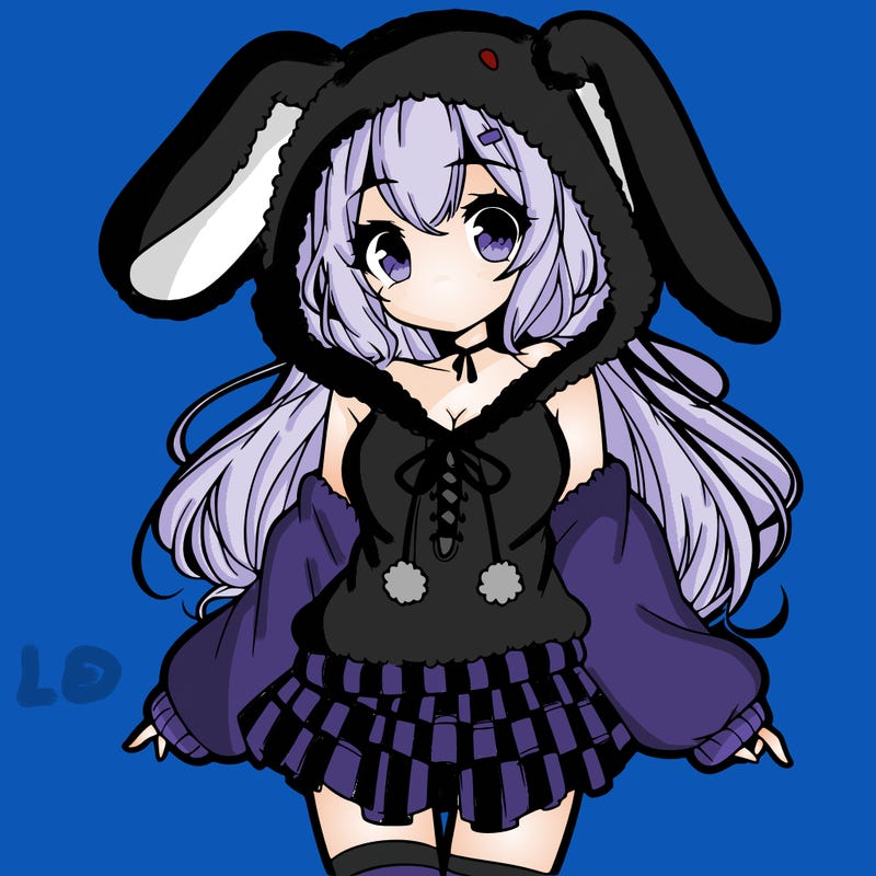 pretty anime girl wearing a fluffy hoodie with bunny ears on the hood and a skirt