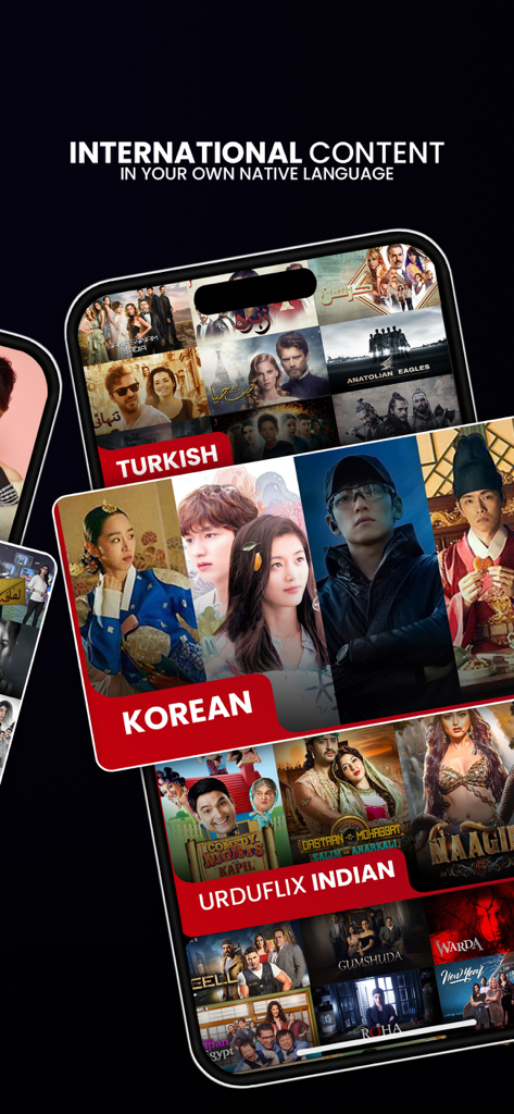 Urduflix - اردو فلکس - Urduflix app screen showcasing international movies and series in Urdu language including Turkish and Korean content