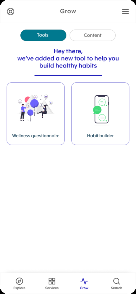 Lyra Wellbeing Hub - Lyra Wellbeing Hub app Grow screen featuring wellness questionnaire and habit builder tools