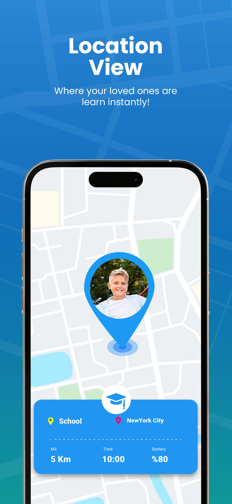 Findos app location view showing a child's real-time position on a map with battery and distance status
