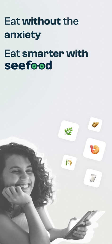 seefood - AI Food Scanner - A smiling woman using the seefood AI food scanner app to manage dietary restrictions and food allergies