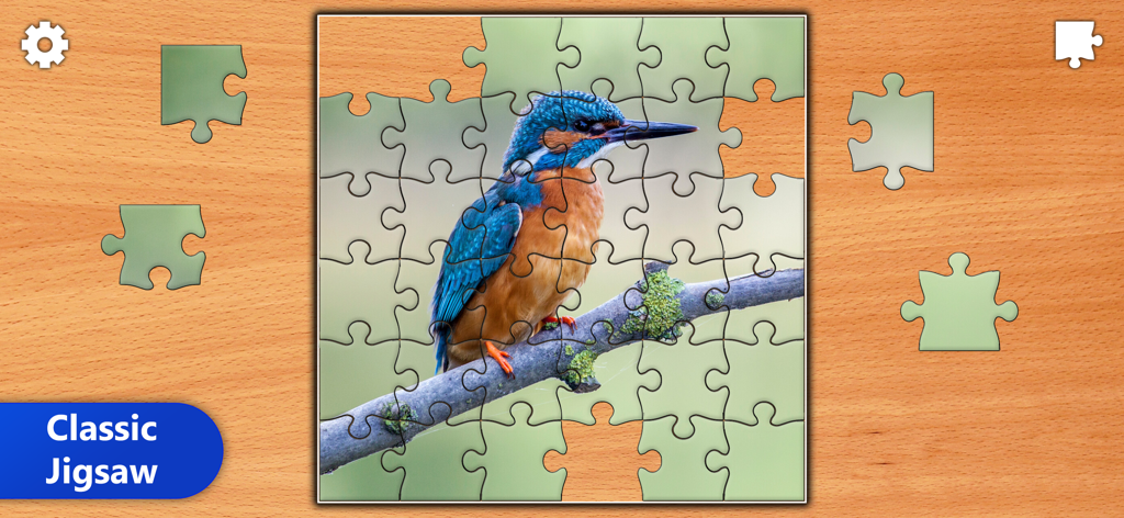 Jigsaw Puzzles Epic - Classic jigsaw puzzle gameplay featuring a colorful kingfisher bird on a wooden background
