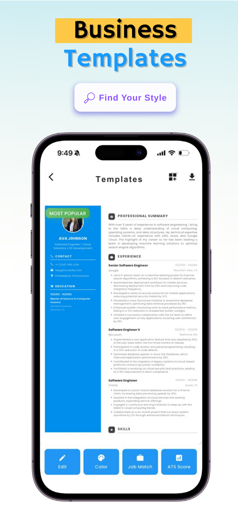 Mobile app screen displaying professional business resume templates with a preview of a software engineer resume