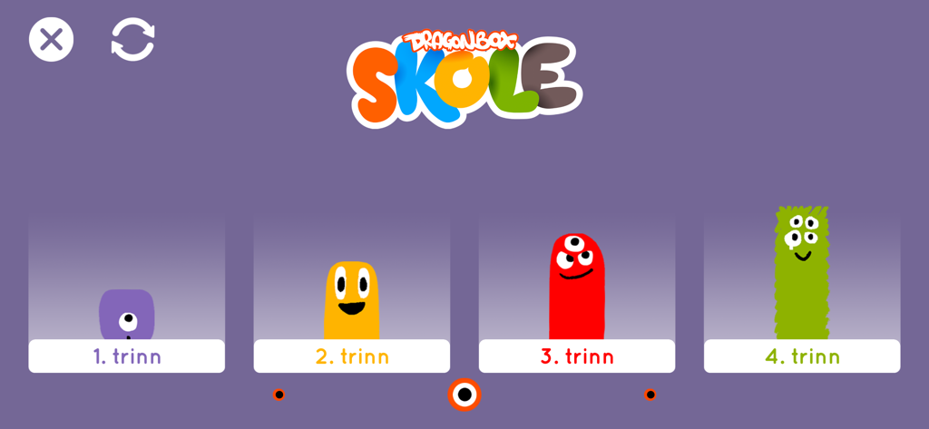 Pantalla del menú DragonBox Skole que muestra los grados del uno al cuatro con coloridos personajes monstruosos