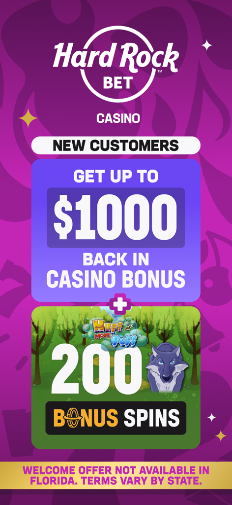 Hard Rock Bet Casino welcome promotion for new customers featuring a thousand dollar casino bonus and two hundred bonus spins