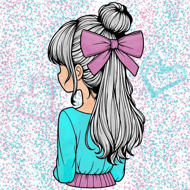 realistic girl  with hip length hair a bun and a big bow on the back of head