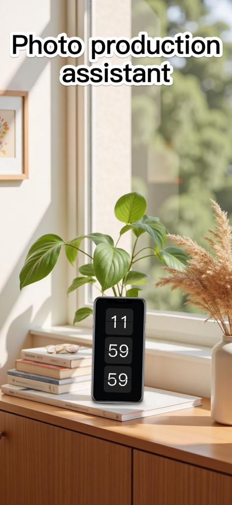 Digital Flip Clock Widgets - Vertical digital flip clock on a smartphone in a cozy sunlit room with plants