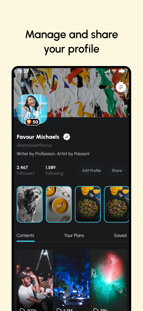 Creatlie - Creatlie mobile app profile interface for a creative professional showing bio followers and content portfolio