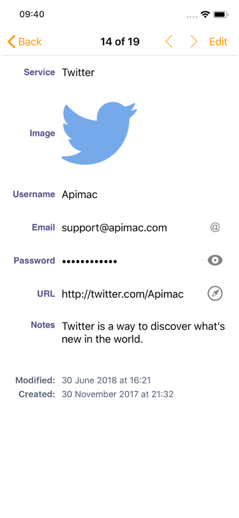 iDatabase - Screenshot of iDatabase app showing a digital record for a Twitter account with fields for username password and email