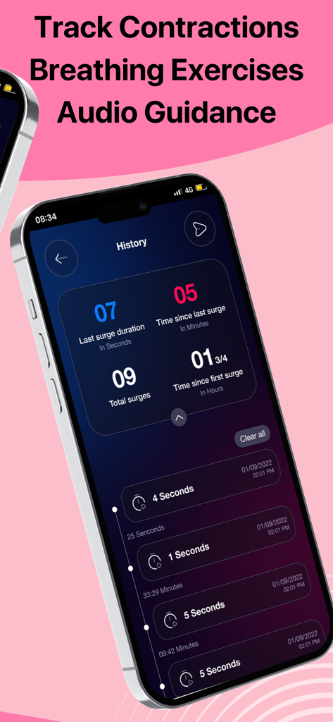 Contraction Timer · - Captura de pantalla del iPhone de la aplicación Contraction Timer que muestra un registro del historial de seguimiento de la duración y frecuencia de las oleadas.