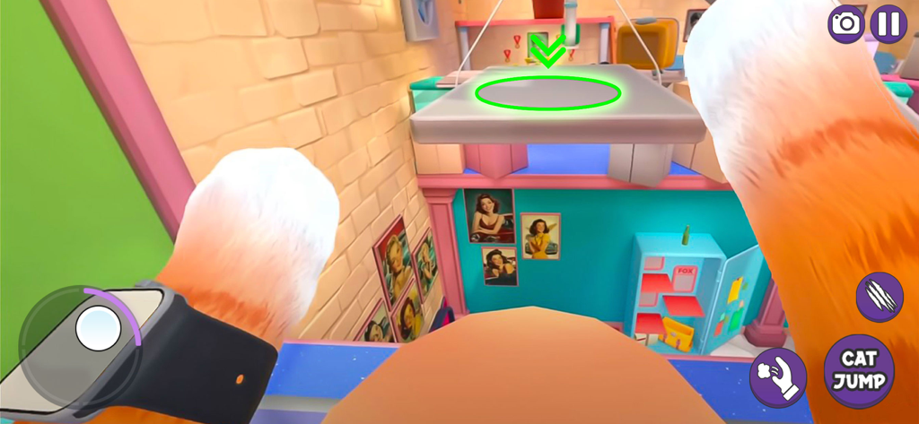 My Amazing Virtual Cat Life 3D - First person perspective of a ginger cat preparing to jump in a virtual house