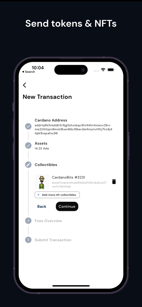 VESPR: Cardano Wallet - VESPR Cardano Wallet app screen for sending tokens and NFT collectibles.