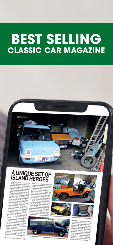 Classic & Sports Car - Smartphone displaying a classic car magazine article with vintage vehicle photography