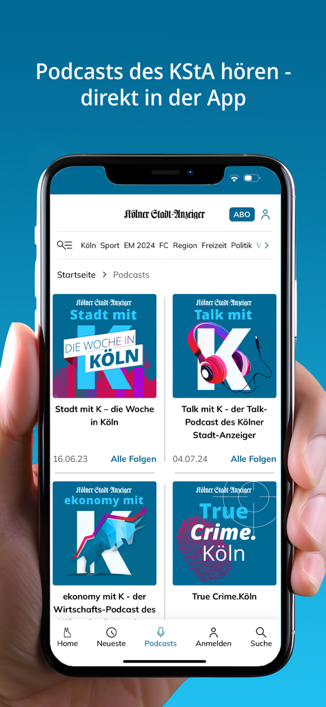 Un smartphone mostrando la sección de podcasts de la aplicación de noticias KSTA con varios programas locales de Colonia