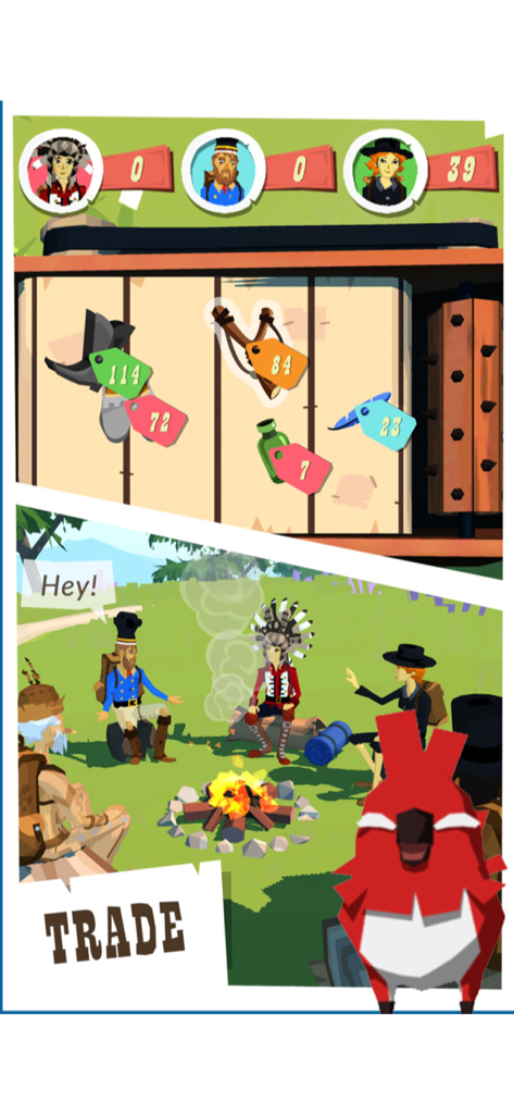 The Trail - Trading interface and pioneers at a campfire in The Trail